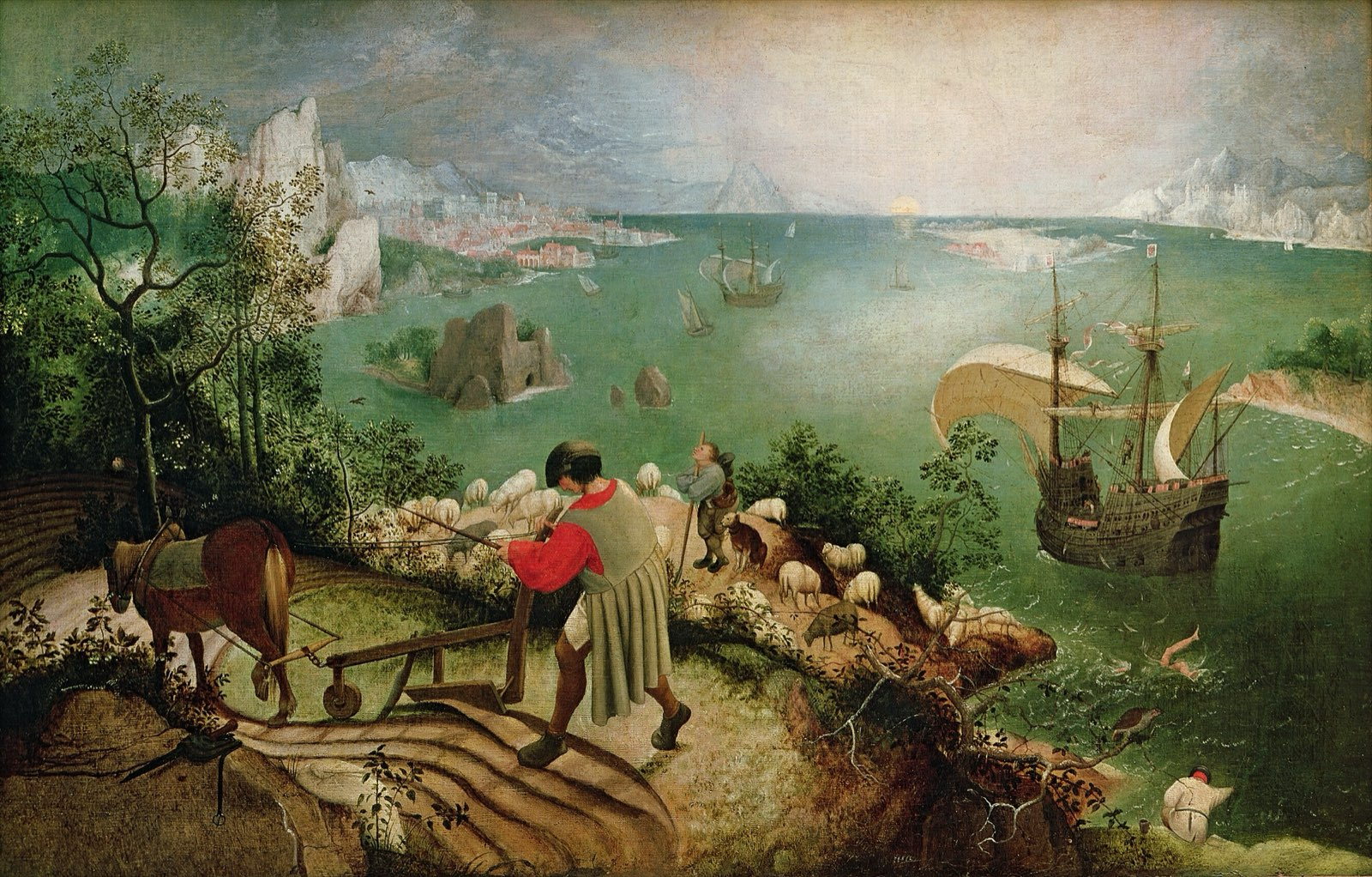 In the landscape attributed to Bruegel or his circle, a ploughman and a merchant ship dominate while Icarus falls almost unnoticed.
